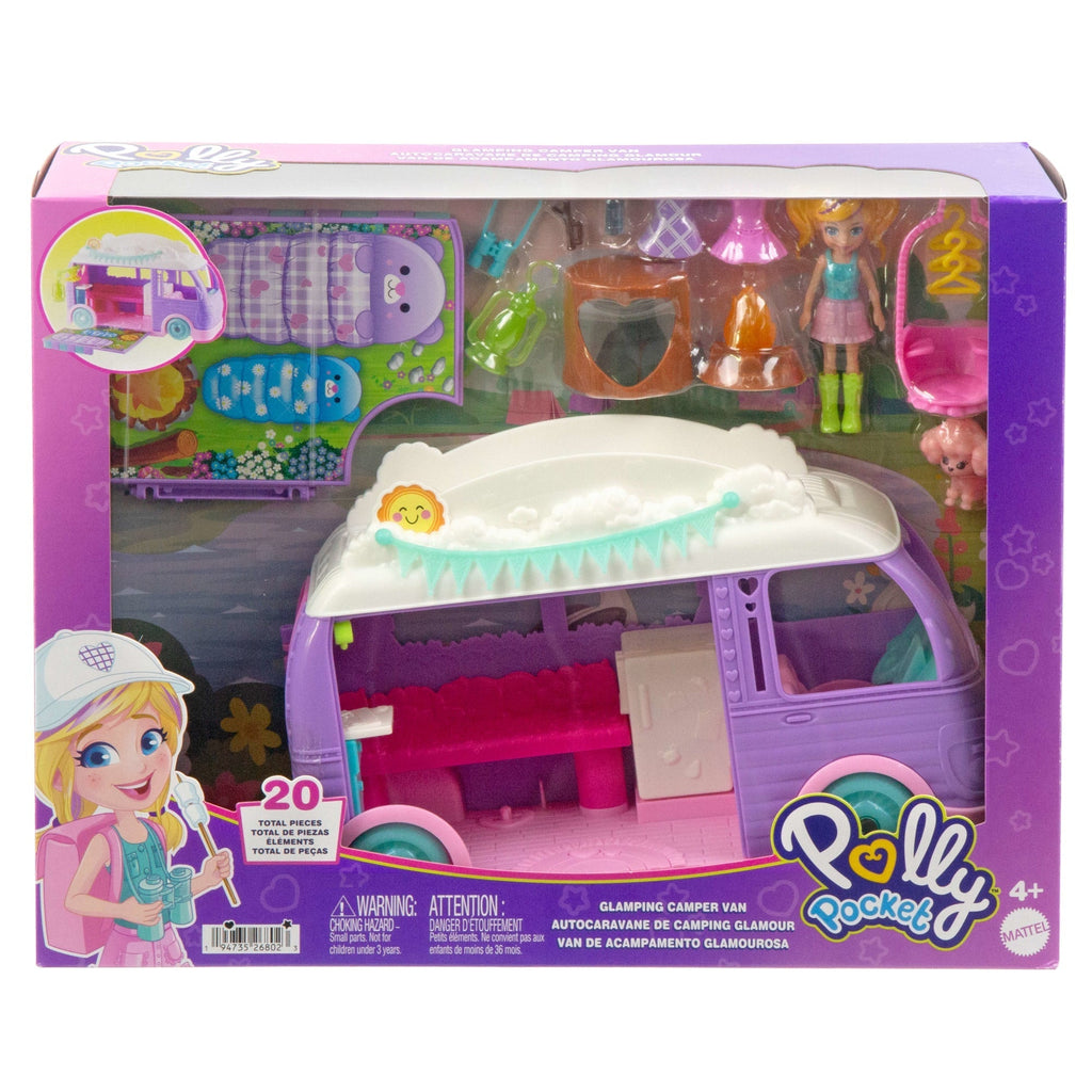 Polly Pocket Glamping Camper Van, Doll & Pet Playset, Camping & Food Accessories, Travel Toy