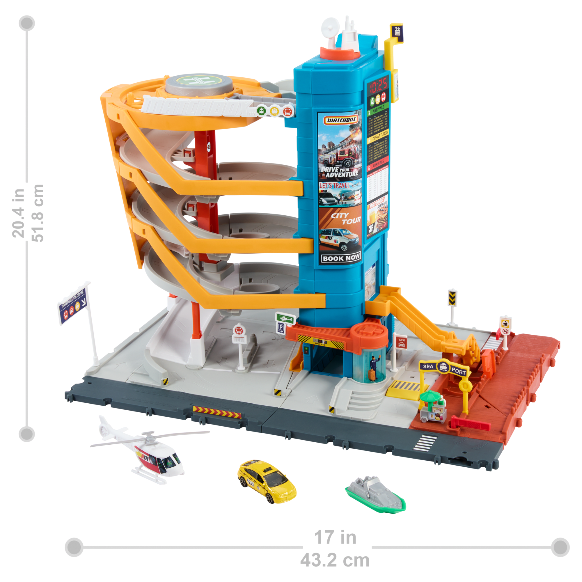 Matchbox Action Drivers Transportation Center With A 1:64 Scale Taxi, Boat & Helicopter Plus A Food Vendor Accessory (3 Vehicles, 1 Accessory)